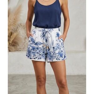 Panama Jack Womens Small Linen Blend Shorts Blue White Tropical Toile‎  Resort